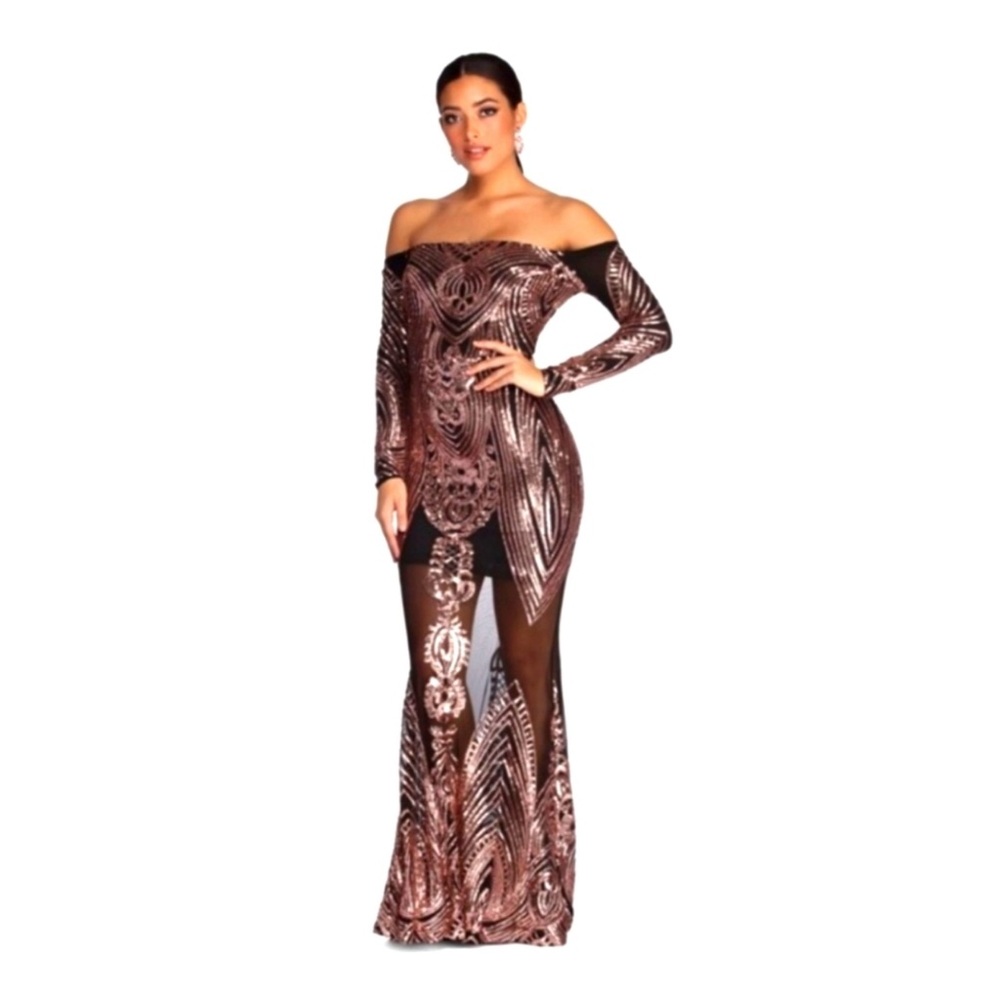 Rose Gold Off The Shoulder Sequined Evening Gown
